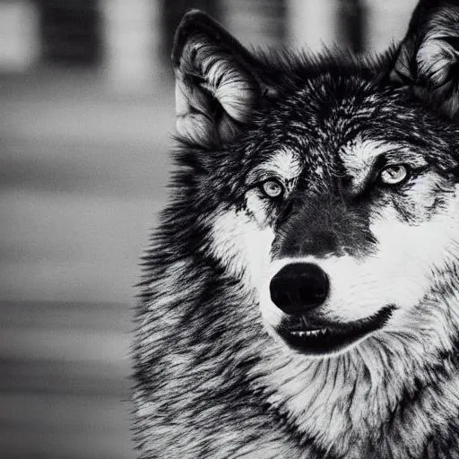 Prompt: black and white military wolf