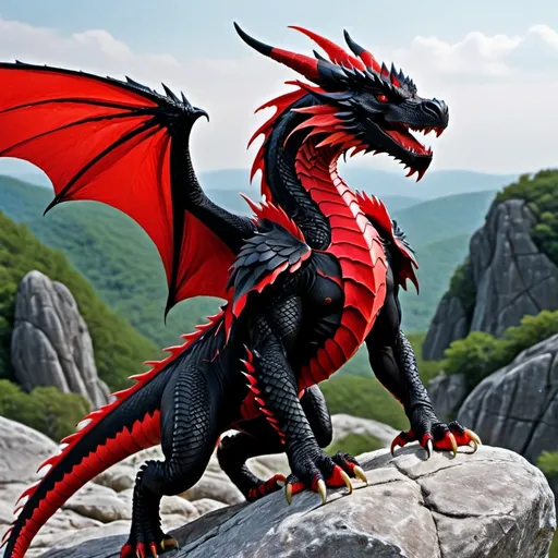 Prompt: Black dragon with wide red wings, flex wings, on a rock hill