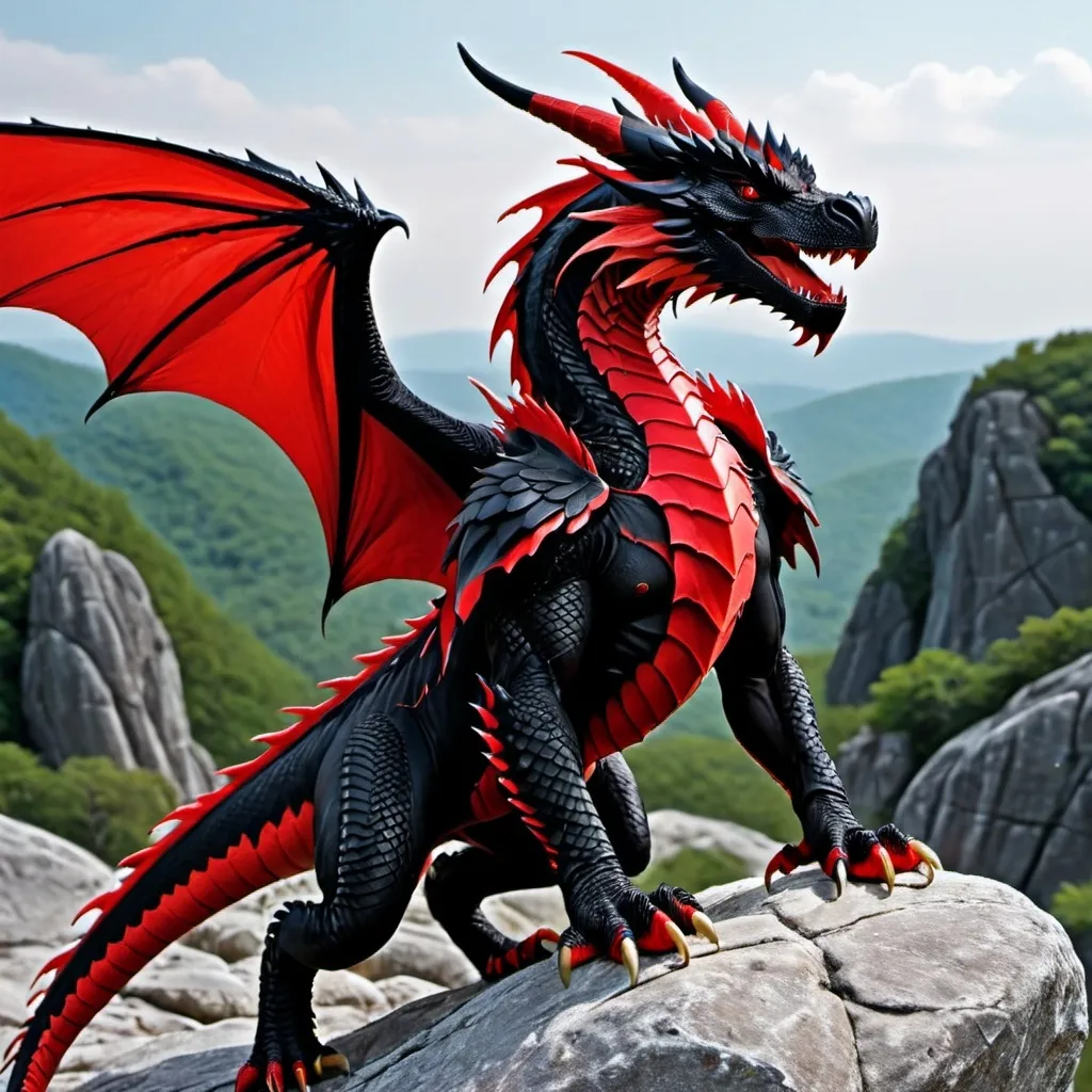 Prompt: Black dragon with wide red wings, flex wings, on a rock hill