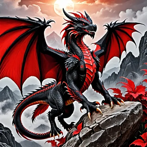 Prompt: Black dragon with red wings