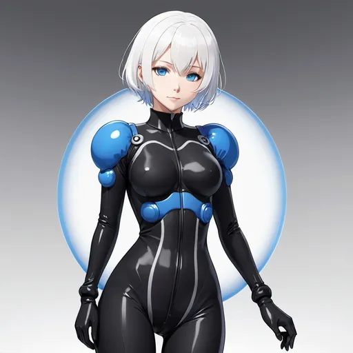 Prompt: anime woman, short white hair, blue eyes, full body bubble suit, black and blue bubble suit,