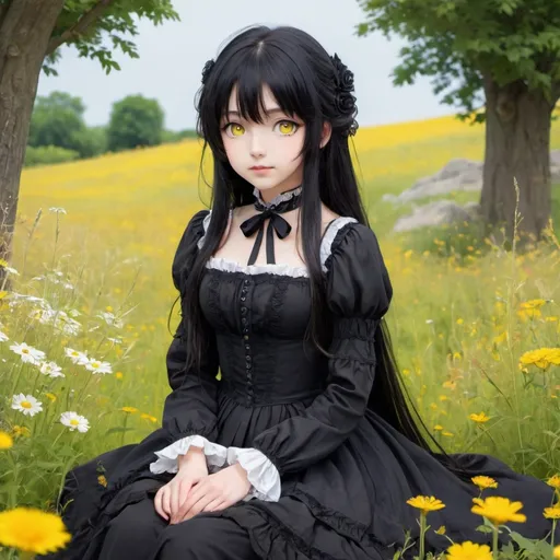 Prompt: anime girl, black long hair, yellow eyes, black victorian dress, cute young female, sitting down, flower meadow background,