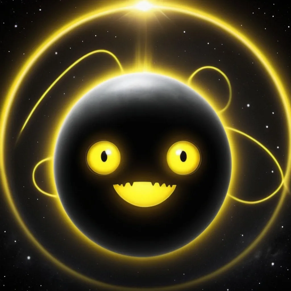 Prompt: black orb, yellow orb, yellow halo, halo on top, demented grin beady, black eyes, it looking down, ready electric shock anything, space background,