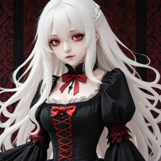 Prompt: anime girl, vampire, white long hair, red eyes, sharp eyes, victorian black dress, cute young female, 