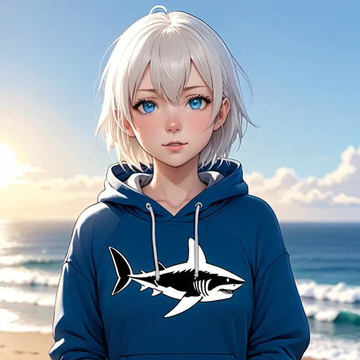 Prompt: anime girl, short white hair, blue eyes, wearing blue hoodie, shark-related, natural ocean background, sun in background, atlantean, smol bubs, shin umiushi art,