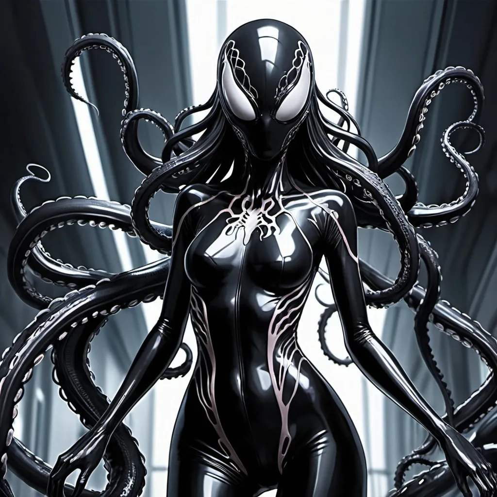 Prompt: anime woman, very detailed, female, alien, symbiote, tentacles grow, full body tight black suit, black slime bodysuit, anatomically correct, covered face, beautiful,
