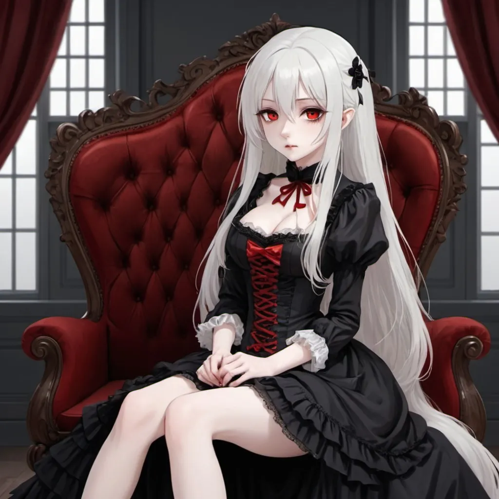 Prompt: anime girl, vampire, pale skin, long white hair, red eyes, sharp eyes, victorian  black dress, cute young female, sitting down, bedroom background,