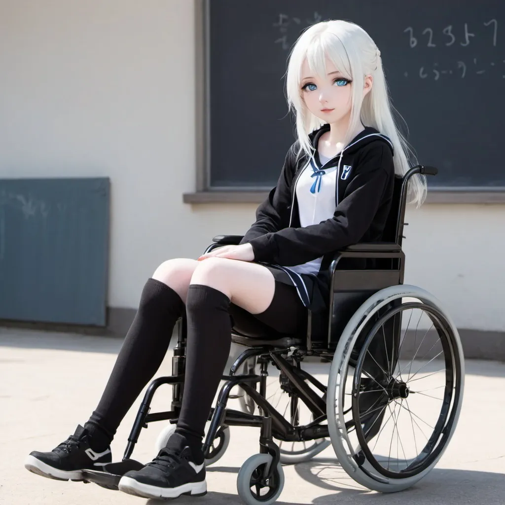 Anime wheelchair young girl speaking with a guy from outside classroom