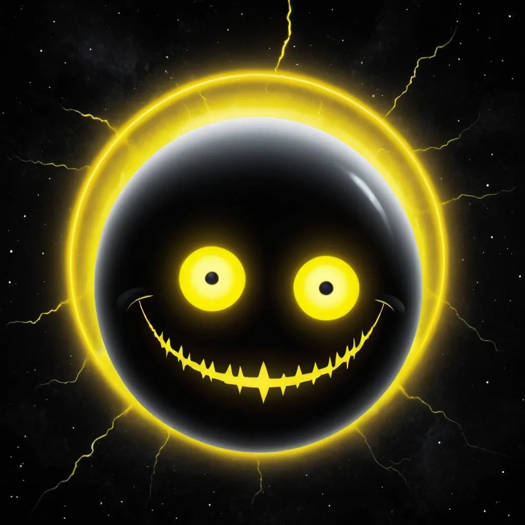 Prompt: black orb, yellow orb, yellow halo, demented grin beady, black eyes, looking down, ready electric shock anything, space background,