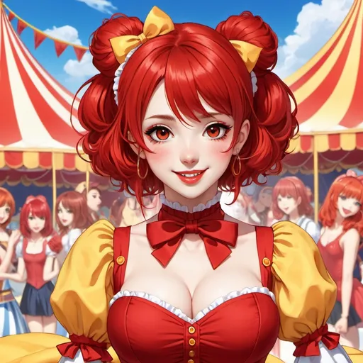 Prompt: anime woman, red Lolita clown, happy, red hair, yellow eyes, red nose, spandex bodysuit, clown bodysuit, red lipstick, circus tent background,