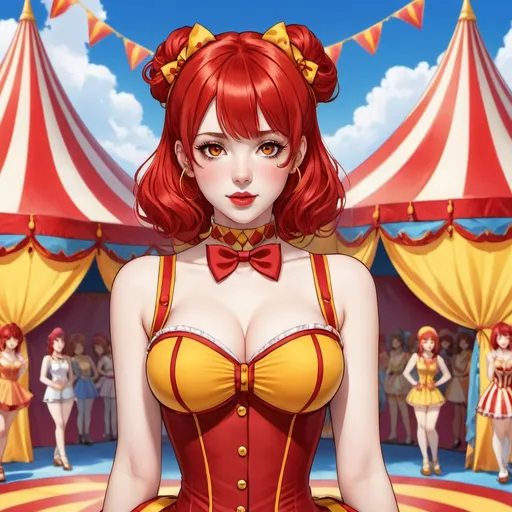 Prompt: anime woman, red Lolita clown, red hair, yellow eyes, clown nose, spandex bodysuit, clown bodysuit, red lipstick, circus tent background,