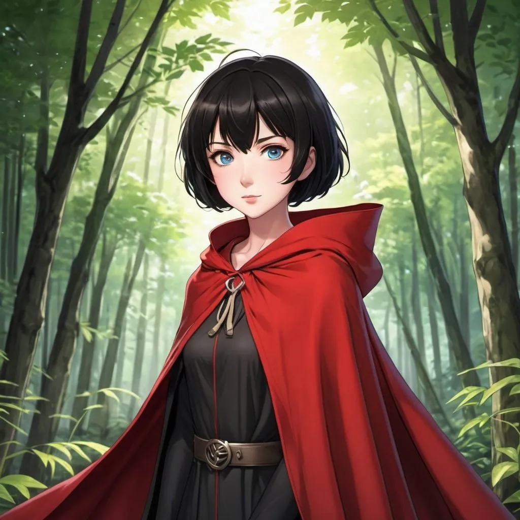 Prompt: anime woman, short black hair, blue eyes, red cloak, forest background,