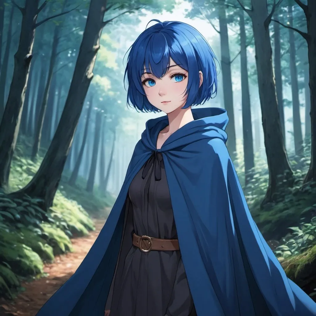 Prompt: anime girl, short blue hair, blue eyes, blue cloak, forest background,