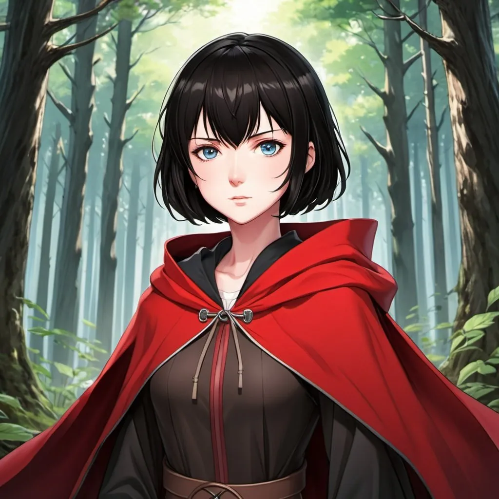 Prompt: anime woman, short black hair, blue eyes, red cloak, forest background,