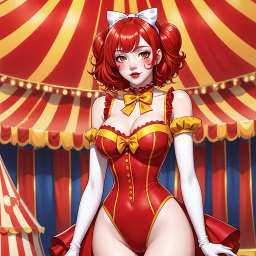 Prompt: anime woman, red Lolita clown, red hair, yellow eyes, red clown nose, spandex bodysuit, clown bodysuit, red lipstick, circus tent background,