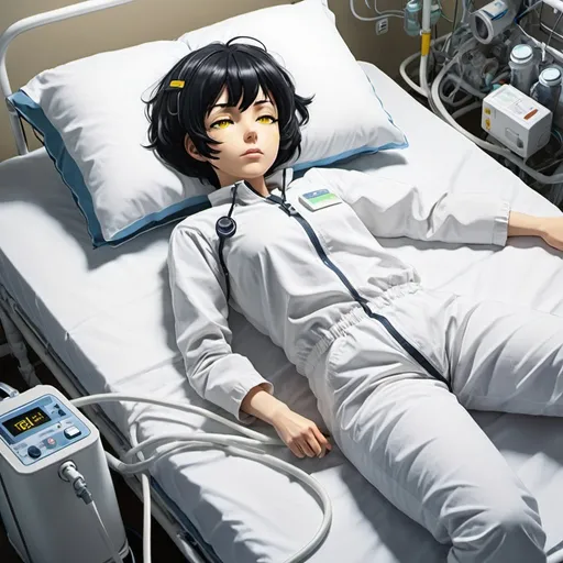 Prompt: Anime woman, life support, short black hair, yellow eyes, full body, laying down, bed, positive pressure ventilation, oxygen tank, oxygen tube,