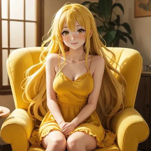 Prompt: anime woman, yellow messy long hair, yellow eyes, full body, sitting down, yellow chair, cute freckles, full round face, yellow dress, cute expression, golden hour,