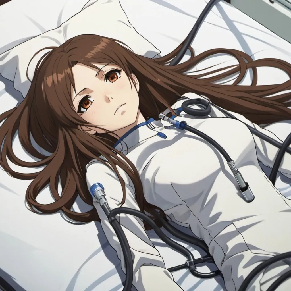 Prompt: Anime woman, life support, burn skin, long brown hair, brown eyes, blood, full body, oxygen tank, oxygen tube, laying down, bed,