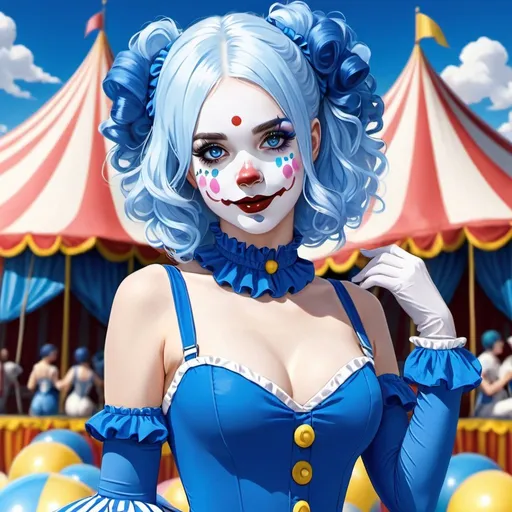 Prompt: anime woman, blue lolita clown, white face, blue hair, blue eyes, blue nose, blue cheek, spandex bodysuit, clown bodysuit, circus tent background,