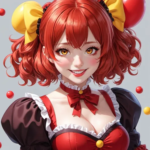Prompt: anime woman, red Lolita clown, smiling, red hair, yellow eyes, red nose, spandex bodysuit, clown bodysuit, red lipstick,