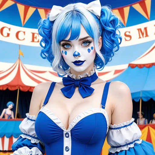 Prompt: anime woman, blue lolita clown, white face, blue hair, blue eyes, blue nose, blue cheek, bigbreast, spandex bodysuit, clown bodysuit, blue lipstick, circus tent background,