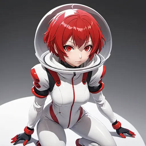 Prompt: anime woman, red short hair, red eyes, full body bubblesuit, white and red bubblesuit, (no bubble)