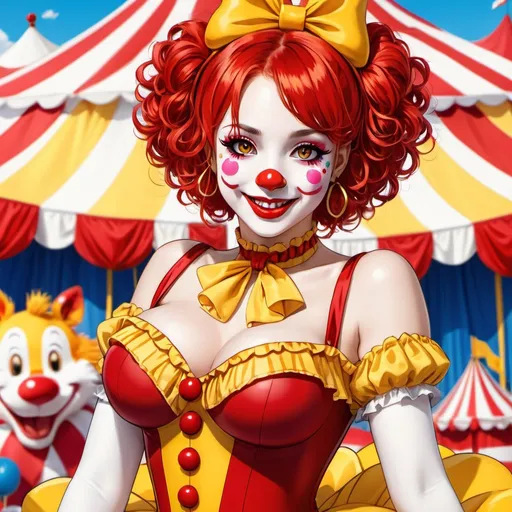 Prompt: anime woman, red Lolita clown, smiling, red hair, yellow eyes, red nose, spandex bodysuit, clown bodysuit, red lipstick, circus tent background,