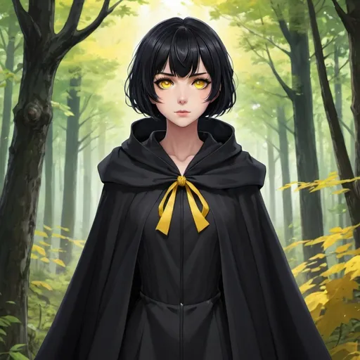 Prompt: anime woman, short black hair, yellow eyes, black cloak, forest background,