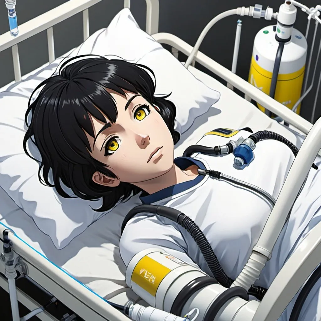 Prompt: Anime woman, life support, short black hair, yellow eyes, full body, laying down, bed, positive pressure ventilation, oxygen tank, oxygen tube,