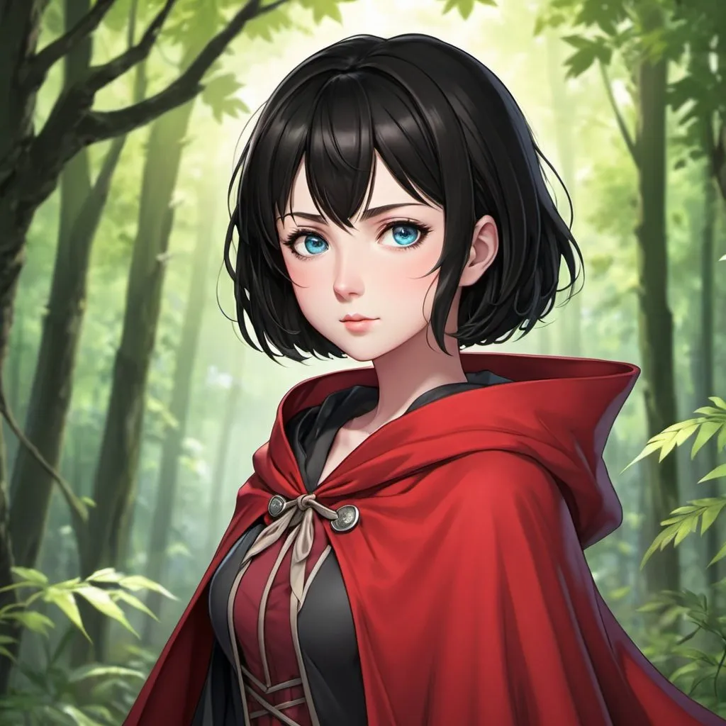 Prompt: anime woman, short black hair, blue eyes, red cloak, forest background,