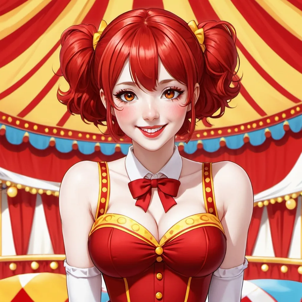Prompt: anime woman, red Lolita clown, smiling, red hair, yellow eyes, red clown nose, spandex bodysuit, clown bodysuit, red lipstick, circus tent background,