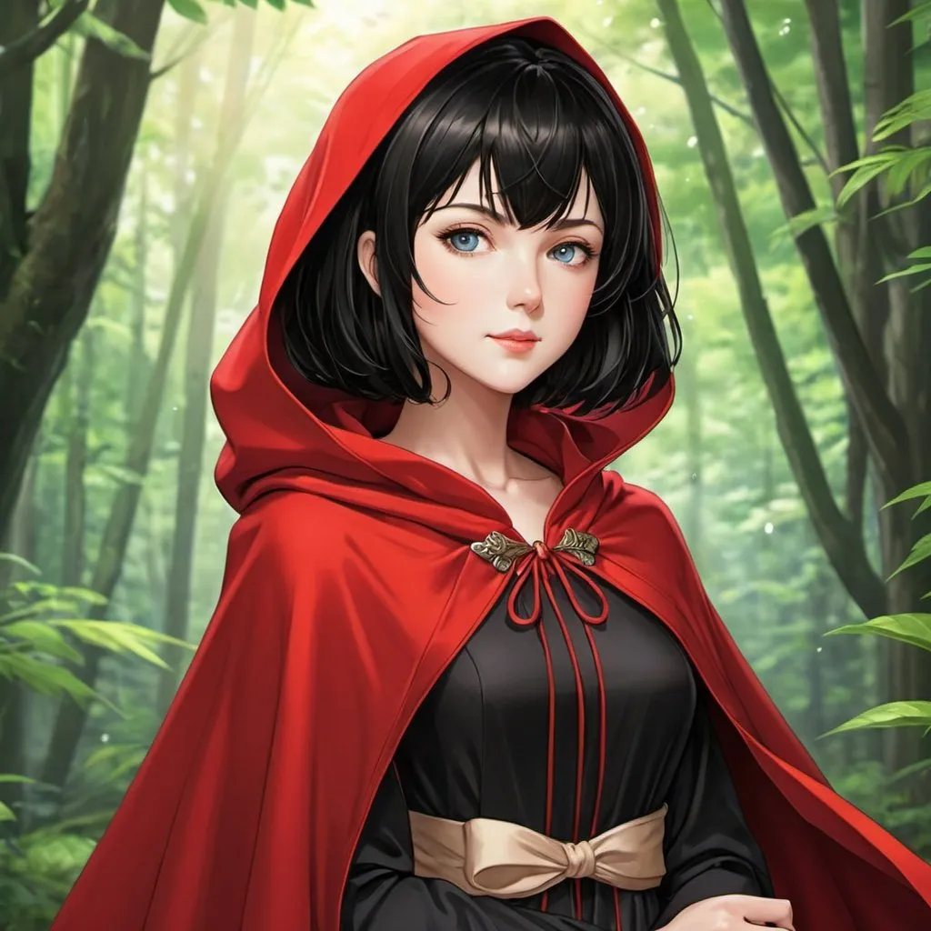 Prompt: anime woman, short black hair, blue eyes, red cloak, forest background,