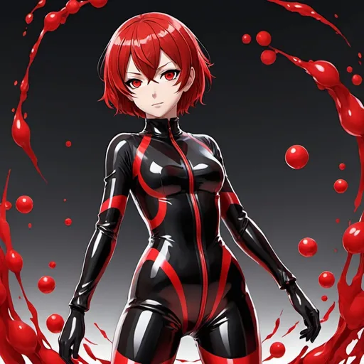 Prompt: anime woman, red short hair, red eyes, full body bubblesuit, black and red bubblesuit, (no bubble)