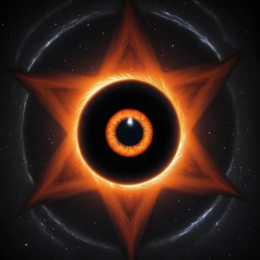 Prompt: 8 pointed shape, black hole, 1 orange eye, space background,