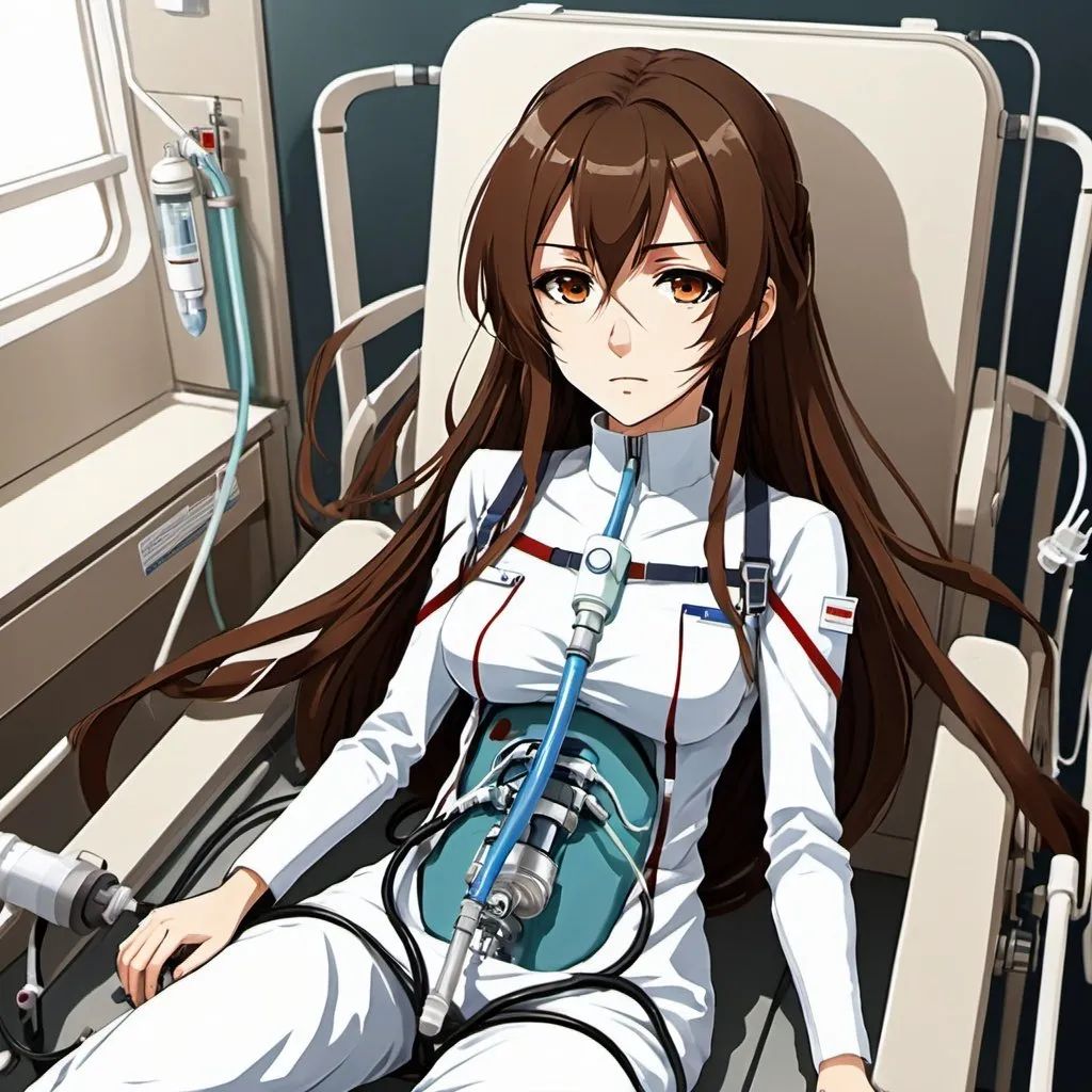 Prompt: Anime woman, life support, long brown hair, brown eyes, blood, full body, oxygen tank, oxygen tube, healthcare background,