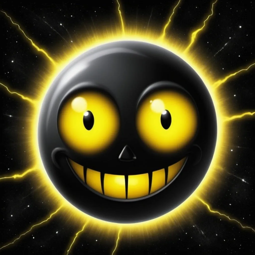 Prompt: black orb, yellow orb, demented grin beady, black eyes, ready electric shock anything, space background,