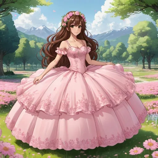 Prompt: anime woman, long brown hair, flower hair, brown eyes, pink quinceanera dress, giant gym ball, knobby bouncy hopper ball, flower meadow background,