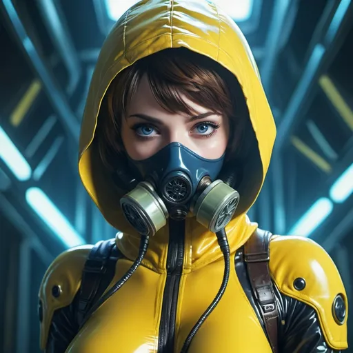 Prompt: Anime depiction of a woman, short brown hair, blue eyes, wearing a yellow latex bodysuit with hood, gas mask on face, detailed facial features, highres, anime, futuristic, intense gaze, latex material, cyberpunk, detailed eyes, cool tones, atmospheric lighting