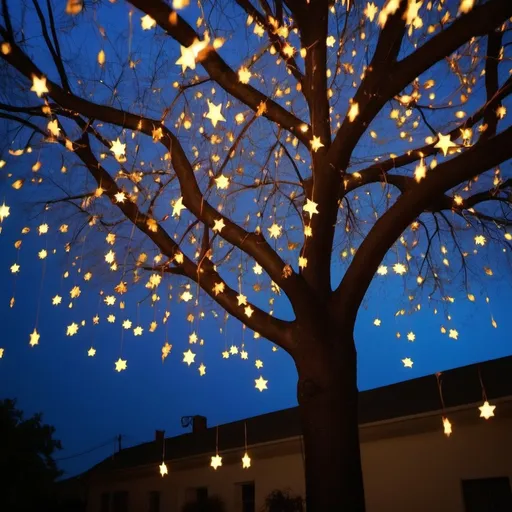 Prompt: Make me an image of lights that fall off a tree (like rain) night. the lights should be jewish stars. should be taken from the front of the tree. jewish stars should be bright and blue