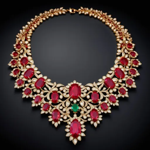 Prompt: Luxury Necklace, dark background, commercial photograph, professional, highly detailed, Gold with beautiful designs..with red emerald attached to it