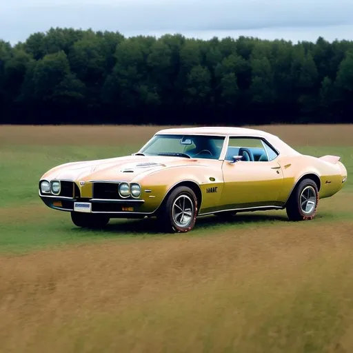 Prompt: A smaller real blue 1969 Pontiac Transam sitting in a field on an angle 