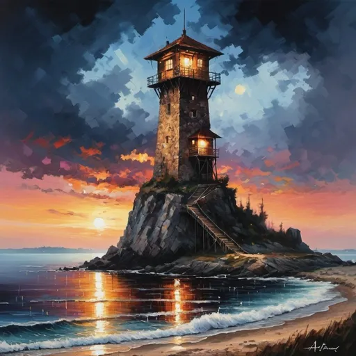 Prompt: original rendering by Alena Aenami|Leonid Afremov|Les Edwards: “All along the watchtower.” complex meticulous details. dramatic  lighting. hyper detailed. ai enhance|optimize|perfect|realism. ai denoise. commissioned artwork. micro-detaile