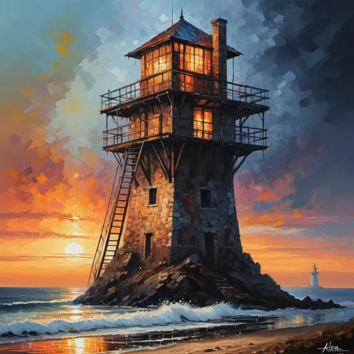 Prompt: original rendering by Alena Aenami|Leonid Afremov|Les Edwards: “All along the watchtower.” complex meticulous details. dramatic  lighting. hyper detailed. ai enhance|optimize|perfect|realism. ai denoise. commissioned artwork. micro-detaile