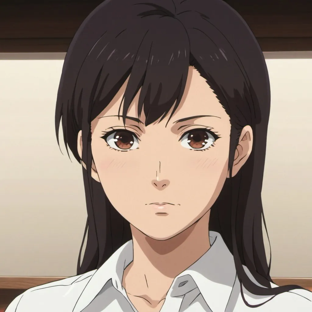 Prompt: a anime picture of a woman with brown eyes and a black hair and brown eyes and a white shirt, Ayako Rokkaku, video art, rounded eyes, a screenshot