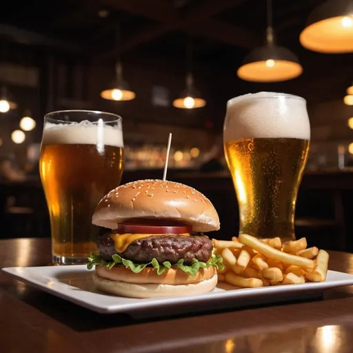 Prompt: image of an burger and beer, clear features, cinematic, 35 mm lens, f/1.8, accent lighting, global illumination --uplight --v 4 --q 2 --uplight
