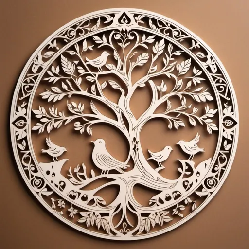 Prompt:  Read each word here carefully (everything written here) and generate only after reading everything here. Generate a circular image of tree of life after going through the 5 points listed here: 1. It should be laser cut on iron sheet with circular border and tree should start from the stem. 2. four birds should sit on top of the tree. 3. fruits should be seen hanging from the branches of the tree. 4. four birds should come flying and approaching the tree to perch on the tree. 5. Two mystical hamsa birds from hinduism with beautiful feathers sitting on the branch. 6. A cow and a calf standing together at the same place beside the tree.