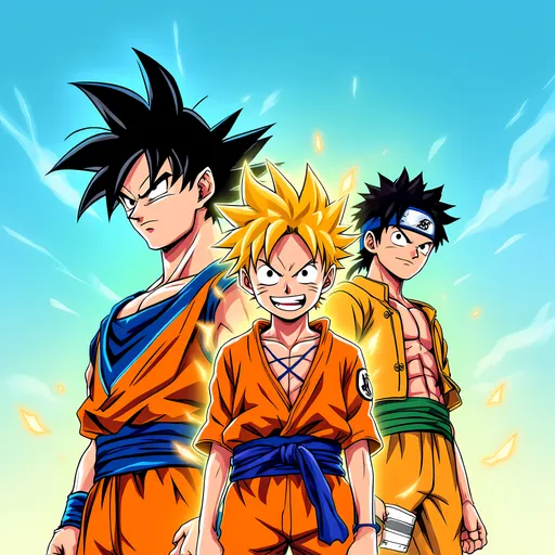 Prompt: Chacters: Combine iconic, beloved anime characters like Goku from Dragon Ball Z, Naruto from Naruto, and Luffy from One Piece. Each character is drawn in a unique style, blending modern, bold lines with retro anime looks.

Action Pose: Place the characters in an action-packed pose, ready for battle, but with exaggerated movement lines to emphasize their power.

Background: Use a dynamic, colorful background that represents elements of each character's world — for example, a fiery dragon from Dragon Ball Z, a glowing kunai for Naruto, and a jolly pirate ship flag for One Piece

Vibrant Colors: Use bright and eye-catching colors like electric blues, fiery oranges, and neon greens to make the design pop.

Gradient Effects: Incorporate gradient backgrounds that transition from one color to another, giving the design an energetic feel.

Add a catchy phrase like “Unite the Legends” or “Power Meets Legacy” written in a bold, stylized font. You could also include an iconic phrase from each anime, like “Believe It!” (Naruto), “Over 9000!” (Dragon Ball), or “I’m gonna be King of the Pirates!” (One Piece).