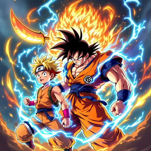 Prompt: Chacters: Combine iconic, beloved anime characters like Goku from Dragon Ball Z, Naruto from Naruto, and Luffy from One Piece. Each character is drawn in a unique style, blending modern, bold lines with retro anime looks.

Action Pose: Place the characters in an action-packed pose, ready for battle, but with exaggerated movement lines to emphasize their power.

Background: Use a dynamic, colorful background that represents elements of each character's world — for example, a fiery dragon from Dragon Ball Z, a glowing kunai for Naruto, and a jolly pirate ship flag for One Piece

Vibrant Colors: Use bright and eye-catching colors like electric blues, fiery oranges, and neon greens to make the design pop.

Gradient Effects: Incorporate gradient backgrounds that transition from one color to another, giving the design an energetic feel.

Add a catchy phrase like “Unite the Legends” or “Power Meets Legacy” written in a bold, stylized font. You could also include an iconic phrase from each anime, like “Believe It!” (Naruto), “Over 9000!” (Dragon Ball), or “I’m gonna be King of the Pirates!” (One Piece).