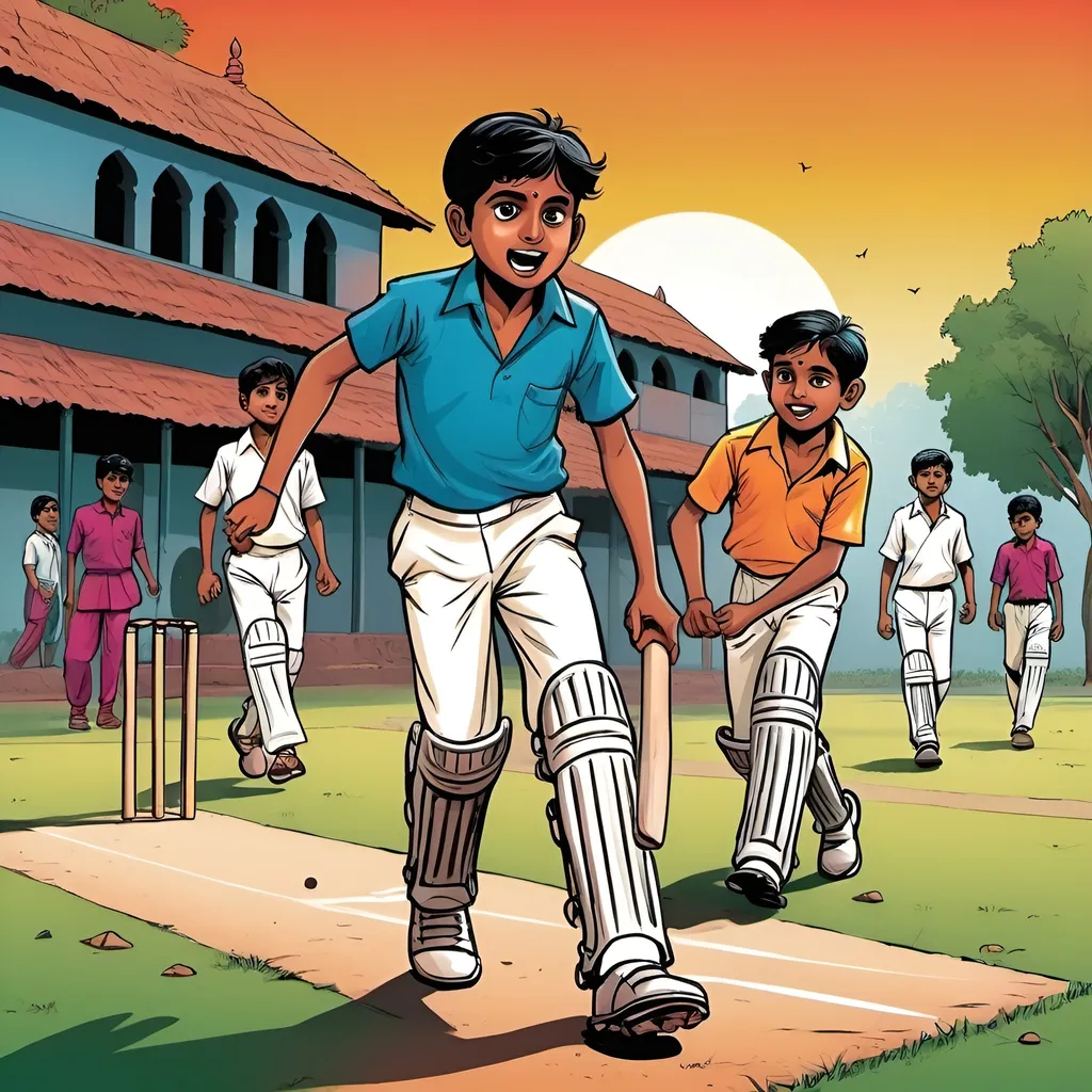 Prompt: Kids in India ,playing cricket , colourful detailed, pop colors, dramatic, graphic novel illustration,  2d shaded retro comic book