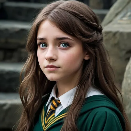 Prompt: A beautiful  brown hair , and beautiful eyes girl who attended Hogwarts and sorted into Slytherin and known as a half blood princess,  she was a disturbed girl and emotional at the same time she is brave and beautiful and most courage girl in Hogwarts her name is Eleanor 